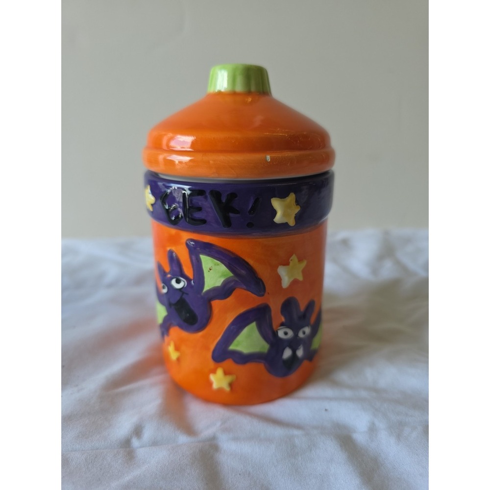 Trick Or Treat Small Lidded Candy Jar‎ Canister Purple Bats Halloween